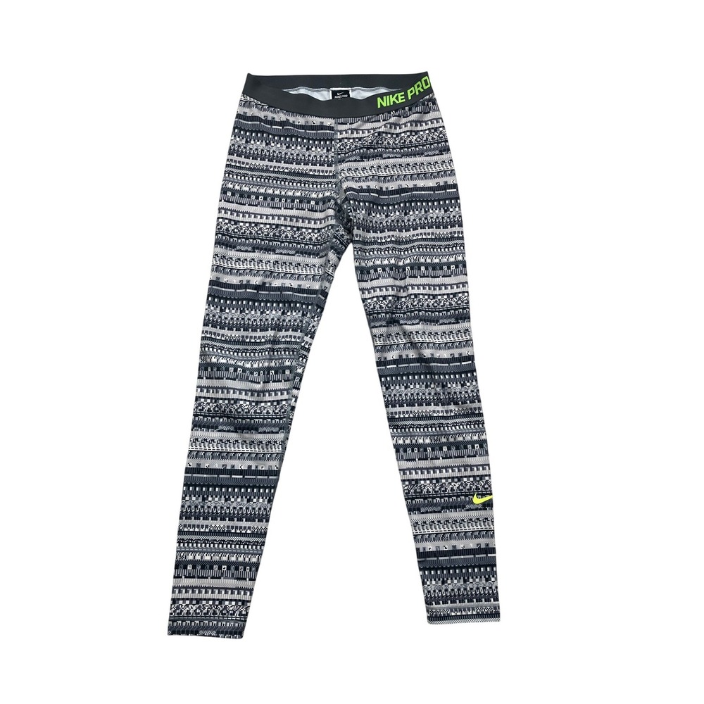 Nike Pro Dri-FIT Leggings Womens L Grey Black Pixelated Geometric Print‎ Neon